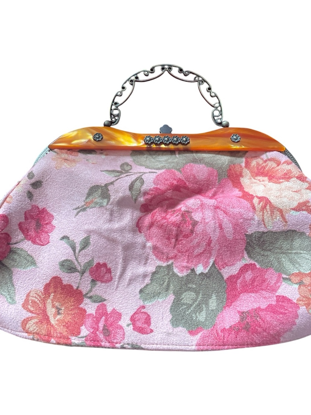 Floral Pink Frame Clutch with Amber Accent Handle